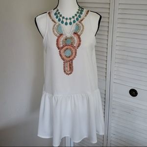 White Mini Dress w/Embroidered Neckline, Large